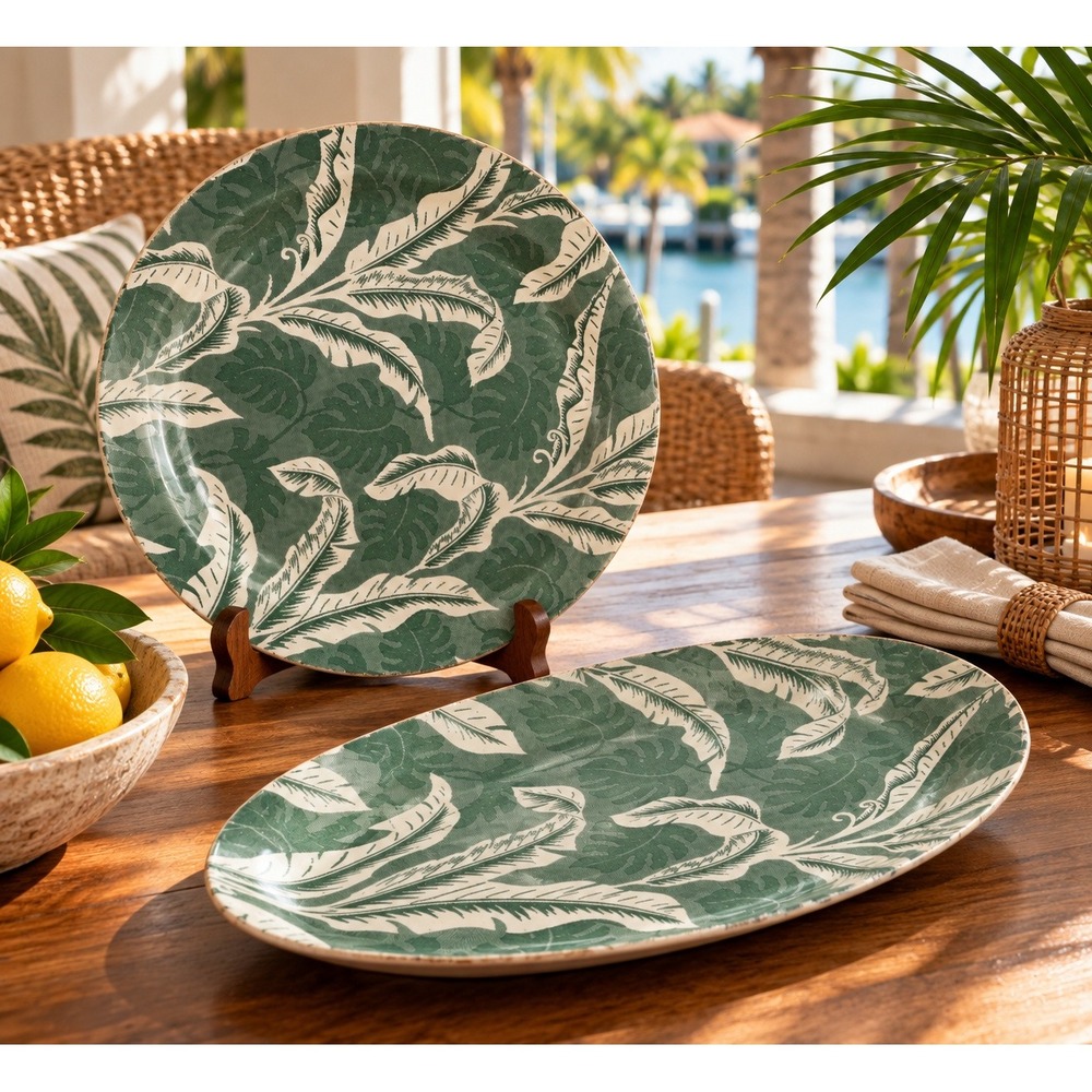 Wallace China Shadowleaf Platter and Plate Set Green White Tropical Palm Leaf